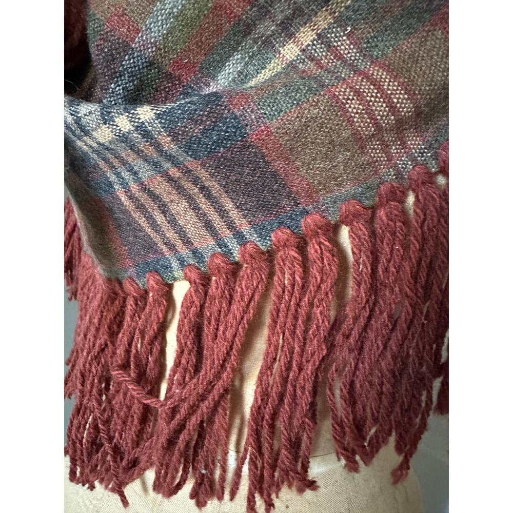 Vintage Plaid Wool Shaw Fringe Triangle brown rust gray olive green 82”x82” - Picture 11 of 16